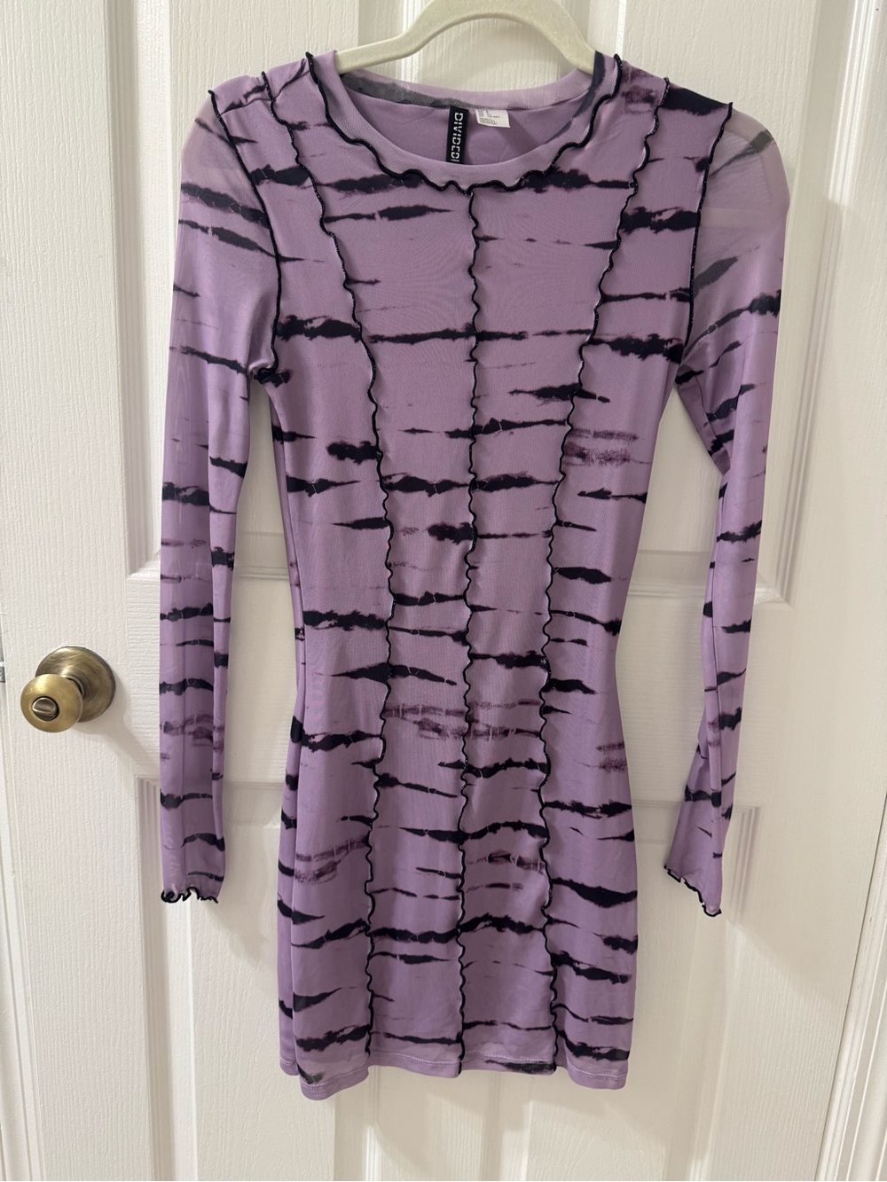 Purple Tie Dye Mesh Long Sleeve Mini Dress